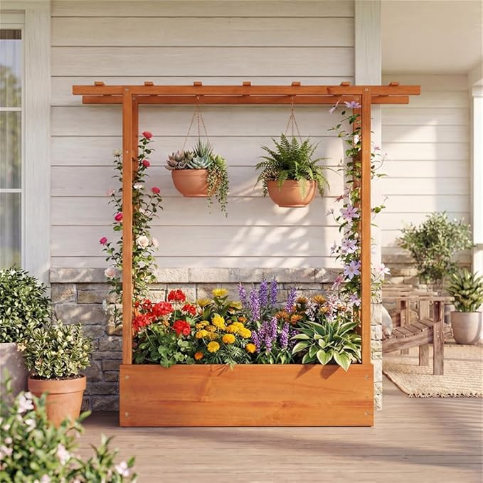 Fir Wooden Raised Garden Bed with Trellis &amp Flat Roof Planter Box for Climbing Plants Outdoor Planting Stand Roof Climbing Plant Support Raised Beds Backyard Planter Wooden Garden Planter - Ora