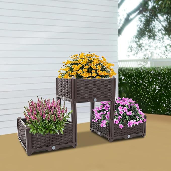 Raised Garden Bed 44x15x21 in Patio Planter Boxes Herb Garden Planter with 3 Pots Plastic Garden Beds for Planter Backyard Vegetables Flower Tomato Patio