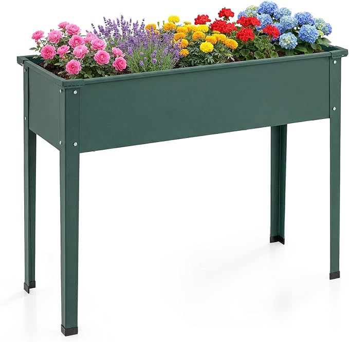 HAPPYGRILL Raised Garden Bed Metal Elevated Planter Box w/Legs Drainage Holes for Growing Vegetables Fruits Flowers Indoor Outdoor Standing Plant Container for Backyard Patio (Green 40”x16”x32”)
