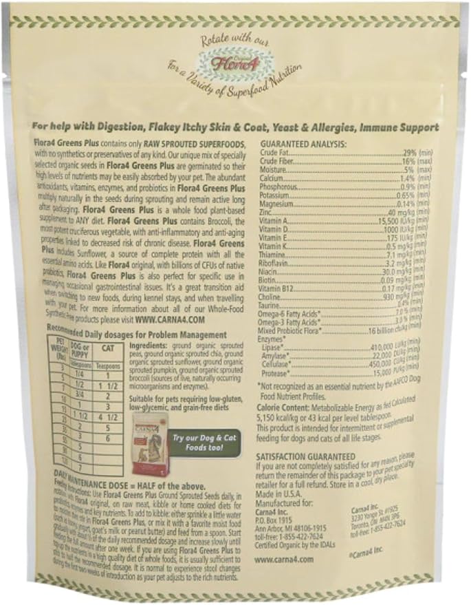 CARNA4 Flora4 Sprouted Seeds Food Topper for Dogs &amp Cats Greens Plus Blend with Broccoli &amp Chia Rich in Natural Probiotics &amp Digestive Enzymes Synthetic-Free Whole Food Supplement 18oz