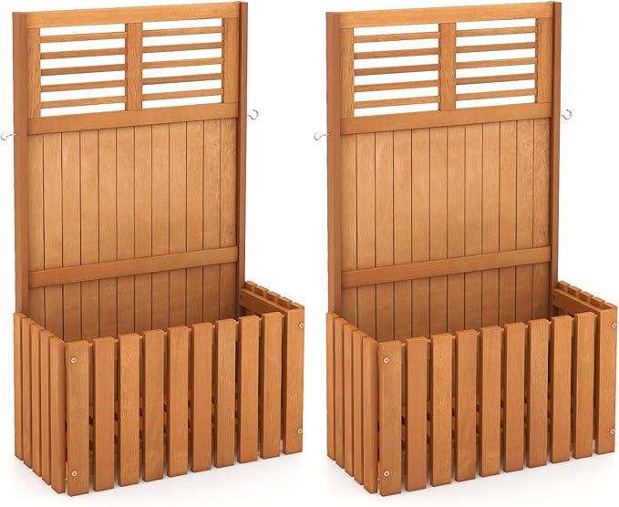 HAPPYGRILL Raised Garden Bed Wooden Planter w/Trellis &amp Privacy Screen for Hanging Pot Plants Outdoor Elevated Planter Box w/Slatted Bottom &amp 2 Side Hooks for Balcony Patio Garden (2)
