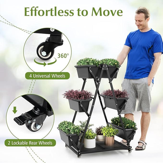 Giantex 6-Tier Rolling Raised Garden Bed Vertical Planter Stand on Wheels with 6 Garden Boxes Storage Shelf Indoor Outdoor Freestanding Raised Beds for Flower Strawberry Vegetable Herb