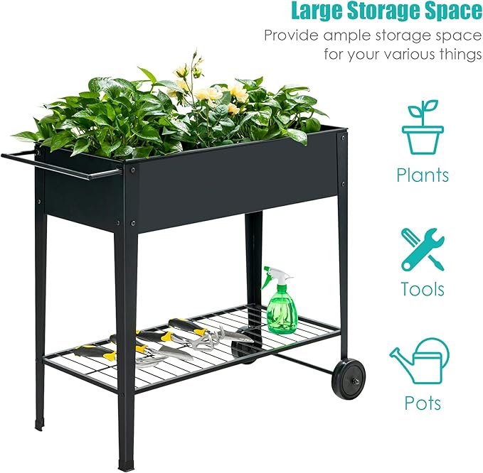 TANGZON Mobile Raised Garden Bed Metal Elevated Flower Vegetable Herb Planter Box with 2 Wheels Bottom Shelf &amp Ergonomic Handle Outdoor Grow Bed for Backyard Patio