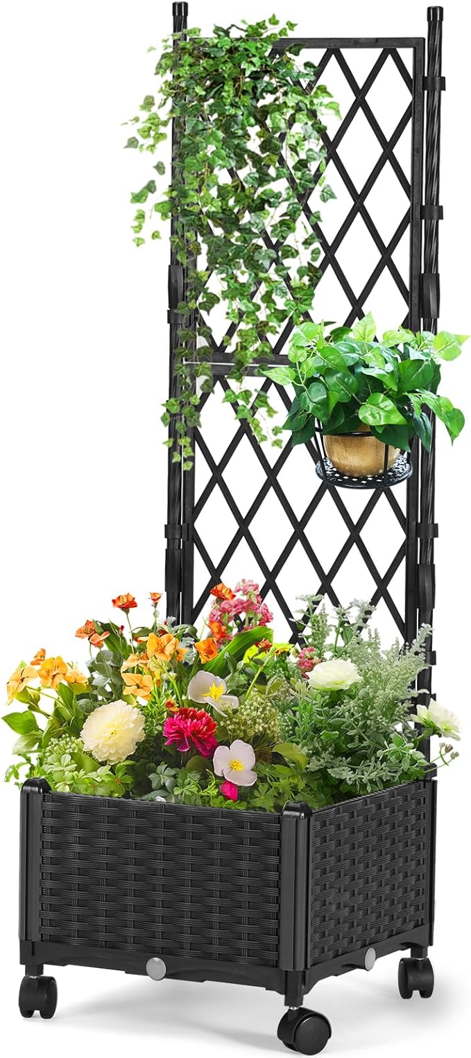 Planter Box with Trellis 4ft Tall Self-Watering Plastic Raised Garden Beds and Lattice Trellis with Lockable Wheels &amp Drain Plug for Outdoor Patio Backyard Balcony Black 1 Pc