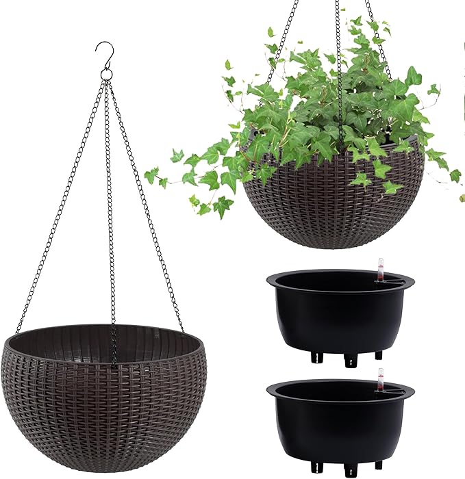 13.4 inch Self Watering Hanging Rattan Planter Large Capacity Root Rot Resistant Water Storage with Water Level Indicator Dual Use for Indoor Balcony Decoration (Pack of 2 Brown)