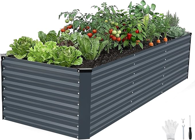 INNO STAGE 8x3x2ft Galvanized Raised Garden Bed Raised Garden Bed Kit-Metal Planter Box Outdoor Planting for Vegetables Fruits Herbs Flowers Grey