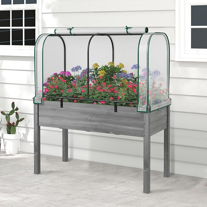 Raised Garden Bed with Greenhouse Waterproof Sun-Protective Green House with Roll-Up Door &amp Electroplated Metal Frame Pine Wood Elevated Planter Box with Drainage Holes(White+Gray)