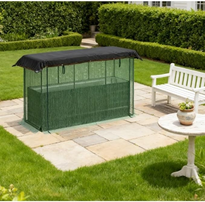 Heavy-Duty Galvanized Steel Raised Garden Bed with Integrated Crop Cage and Adjustable Shade Cloth for Outdoor Vegetable and Flower Growing (Dark Green + HDPE + Steel)