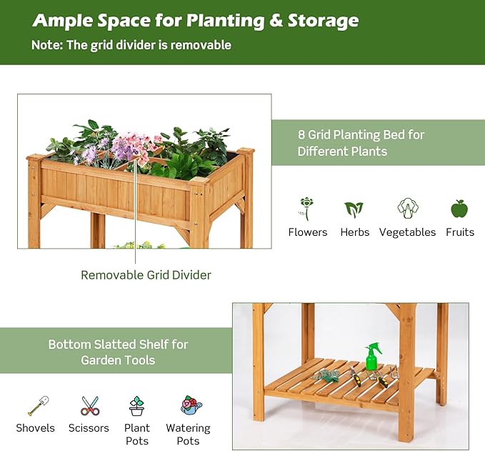 HAPPYGRILL 8-Grid Raised Garden Bed 36” Elevated Wood Planter Box with Liner &amp Shelf Removable Divider Drainage Holes Outdoor Gardening Bed with Legs for Backyard Patio