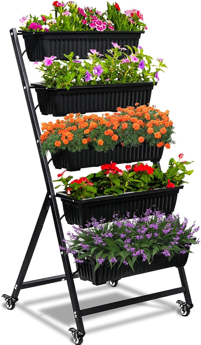 4.5-Ft Raised Garden Bed - Vertical Garden Freestanding Elevated Planter with 5 Container Boxes - Good for Patio or Balcony Indoor and Outdoor Black