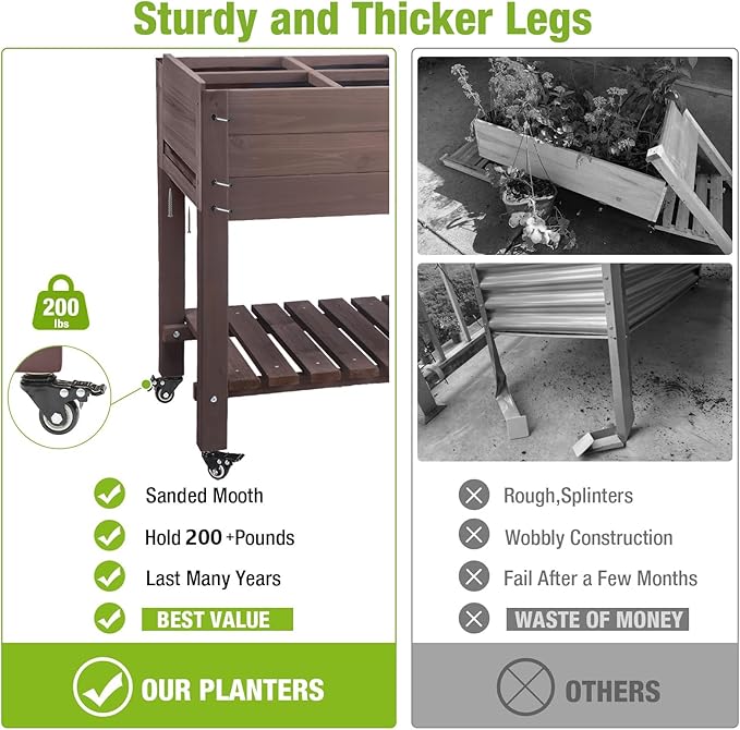 GUTINNEEN Raised Garden Bed Outdoor with 8 Planter Boxes Wooden Elevated Garden Bed with Legs Wheels Side Workbench and Storage Shelf for Plants Vegetables Flowers Herbs