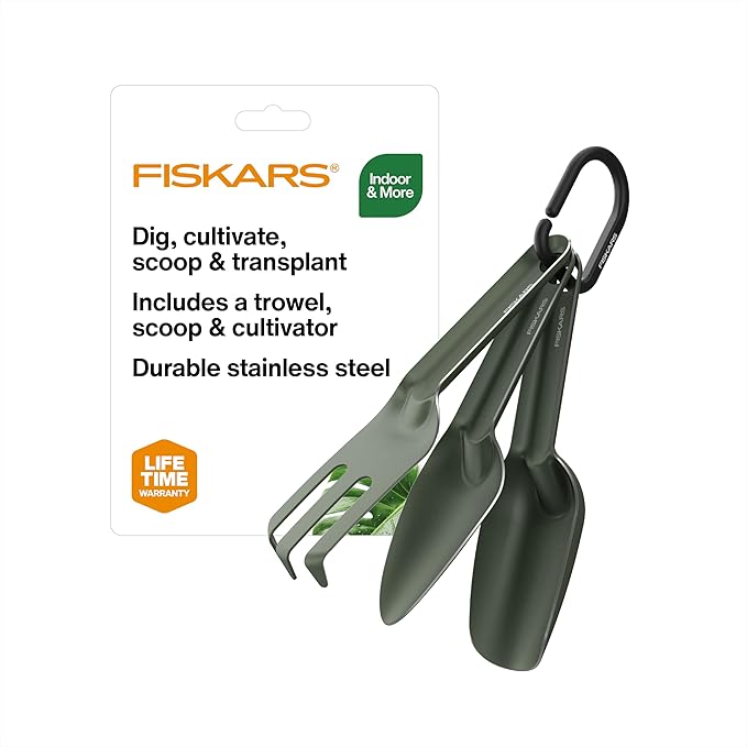 Fiskars 3-Piece Cultivating Tool Set Nesting Trowel Soil Scoop &amp Cultivator for Indoor Gardening Stainless Steel with Powder Coat Finish Space Saving Design for Repotting Houseplants Black