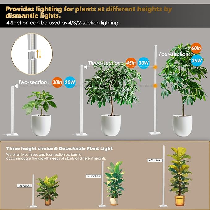 Standing Grow Light with Auto-Timer 36W Vertical Grow Lights for Indoor Plants3 Light Modes268 LEDs Detachable Full Spectrum Plant Lights for Wide Area Coverage in Indoor Plants (60IN-Silver)