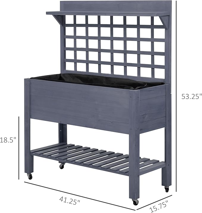 41 Raised Garden Bed with Trellis on Wheels Wooden Elevated Planter Box with Legs and Bed Liner for Flowers Herbs Vegetables Gray