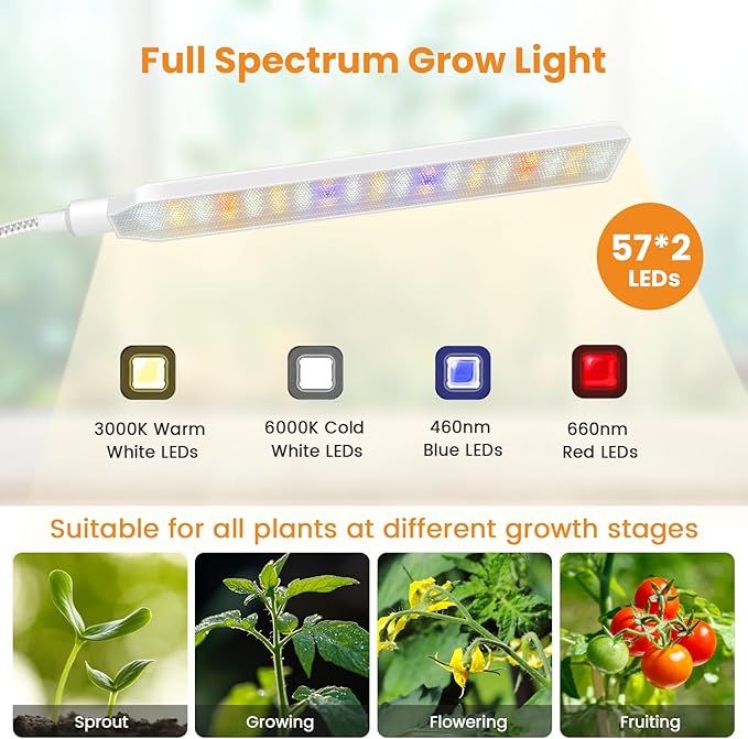 Grow Lights for Indoor Plants with Stand 2-Heads Full Specturm Plant Grow Light with 4/8/12/16H Timer 3 Color Modes 360° Flexible Gooseneck 24-68.7in Hight Adjustable Plant Growing Lamp