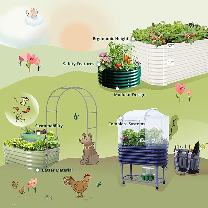 Vego garden Cascading Raised Garden Planter Box Outdoor Metal Galvanized Gardening Bed for Vegetables Herb &amp Flower Pearl White