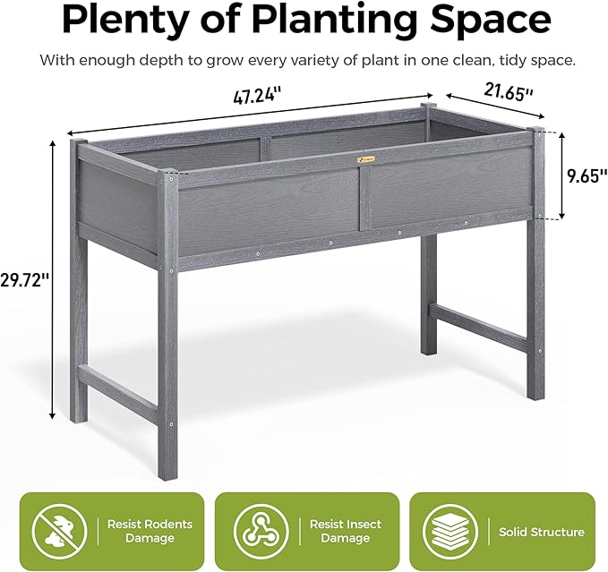 TT Nature HDPE Raised Garden Bed with Legs 47x22x30 inch Outdoor Elevated Planter Box for Vegetables Herbs &amp Flowers Weather-Resistant Raised Garden Beds for Patio Balcony &amp Backyard Garde