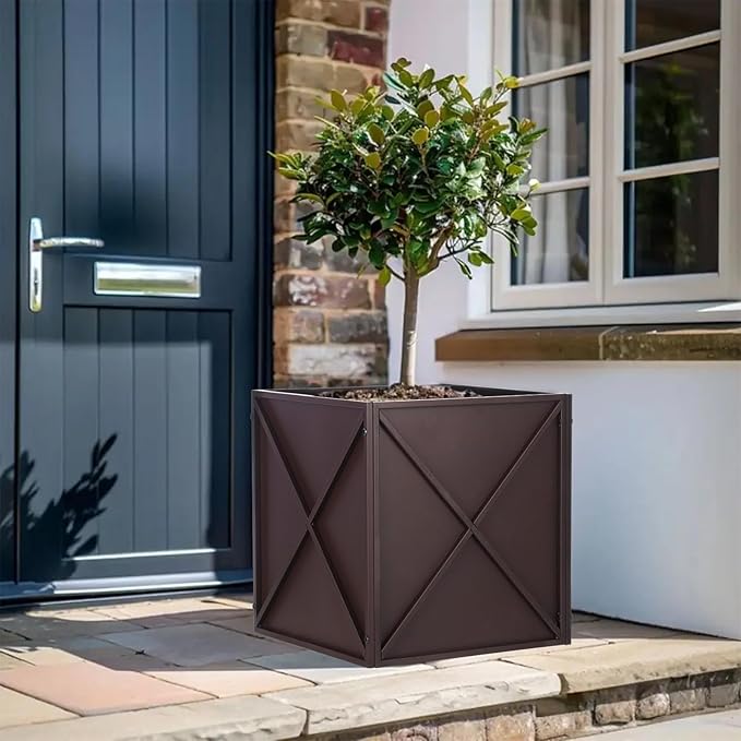 SUNNYPARK Large Metal Planter Box 17”x 17”x 18” Square Modern Brown Metal Planter Box Heavy Duty with Drainage Holes for Outdoor Garden Patio