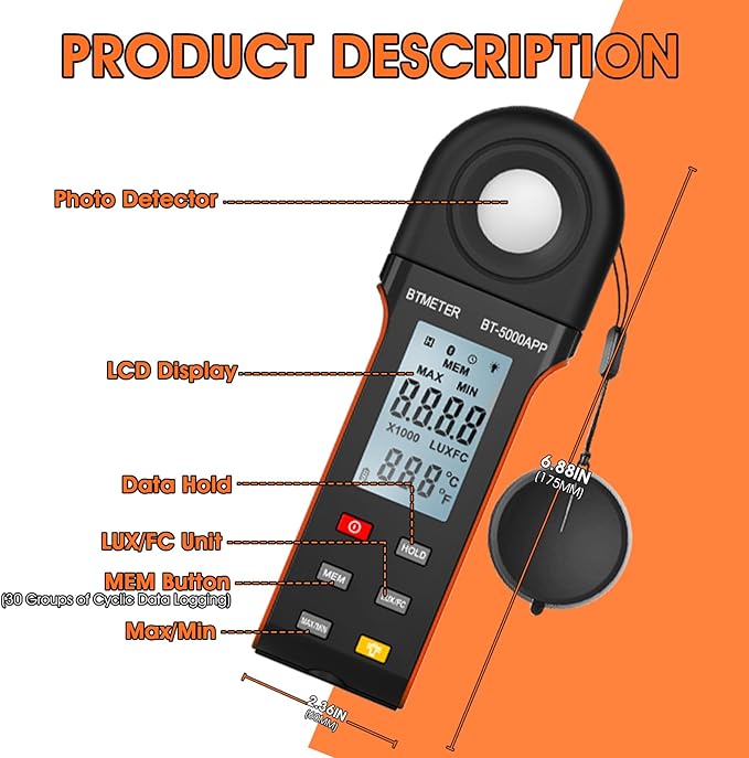 BTMETER Illuminance Light Meter w/Bluetooth - Digital Lumen Tester Measure Lighting Level Intensity 1~400000 Lux(Foot Candle 1~37160) Luxometer with 270º Rotated Sensor Data Logging for Plants Grow