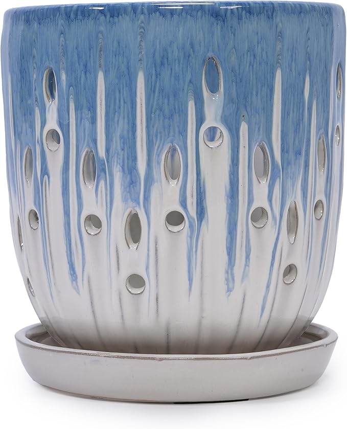 Handmade Blue White Gradient Ceramic Planter Set (7.48×8.07 5.51×6.1) IndoorOutdoor Flower Pot for Orchids Succulents on Windowsill Breathable with Drainage Holes