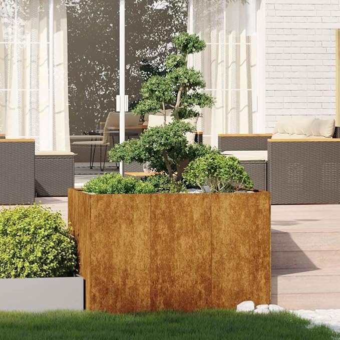 Large Rectangular Planter Box Outdoor Garden Trough Weathering Steel Rusty Brown 47.2 Inch Long with Drainage for Flowers Vegetables Herbs on Patio Terrace