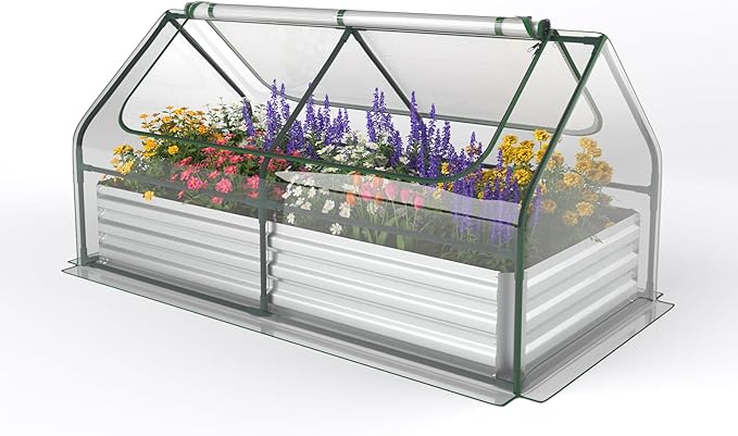 Giantex Galvanized Steel Raised Garden Bed with Mini Greenhouse Outdoor Metal Planter Box Kit with Large Roll-up PVC Cover 71x 35.5x 36 Planter Raised Bed for Growing Flower Herb Vegetable Fruit