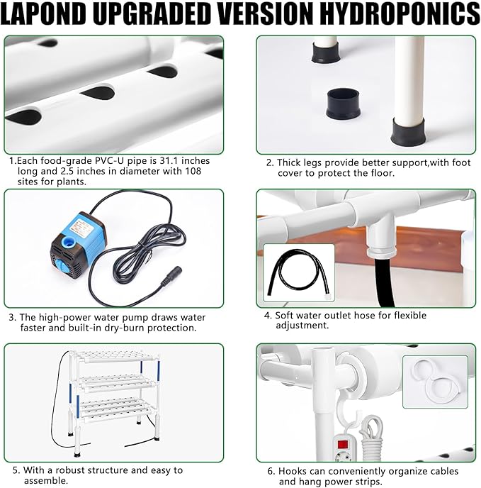 Upgraded Hydroponics Growing System Kit 108 Plant Sites with Waterproof Mat
