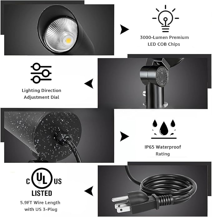Landscape Spotlight Outdoor 30W Ultra Bright LED Spot Lights Outdoor 120V Waterproof Spot Lights Warm White Landscape Lighting with 5FT Cord with Plug for Flag Pole Tree Yard Garden (4Pack)
