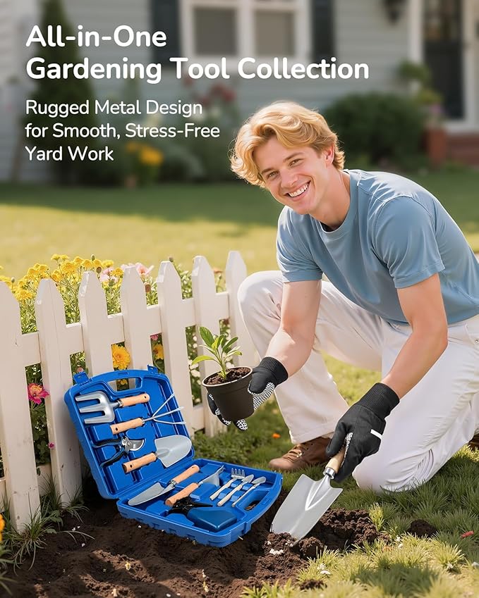 12-Piece Gardening Tool Set for Men Rust-Proof &amp Heavy-Duty Hand Garden Tools with Sturdy Blue Carrying Case Practical &amp Stylish Gardening Gifts for Men (Blue)