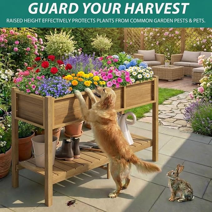 YITAHOME Raised Garden Bed Outdoor HDPE with Shelf 48x18x30in Poly-Wood Weather-Resistant Elevated Planter Box with Legs for Vegetable Flower Herb Garden Bed for Backyard Balcony Garden Brown