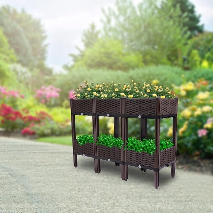 YIYIBYUS Square Raised Garden Bed2-Tier Raised Garden Bed Planter Elevated Box Vegetable Flower Herbs Yard Plant (PP)