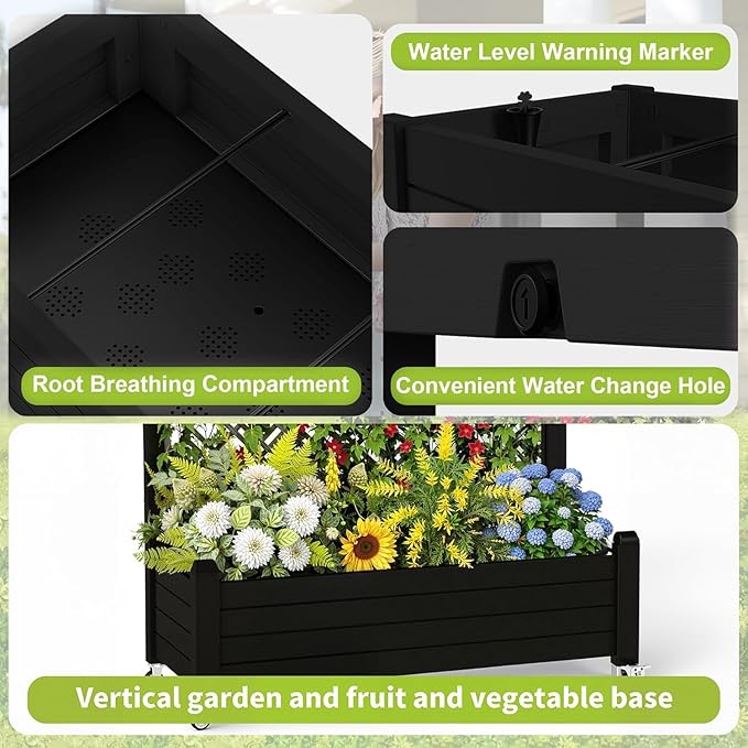 EasyUp Rolling Garden Planter Box with Trellis &amp Lockable Casters Outdoor Raised Bed with Drainage &amp Water Gauge Durable Resin for Patio Balcony Yard Dust-Proof (Black 43.43 * 18.27 * 64