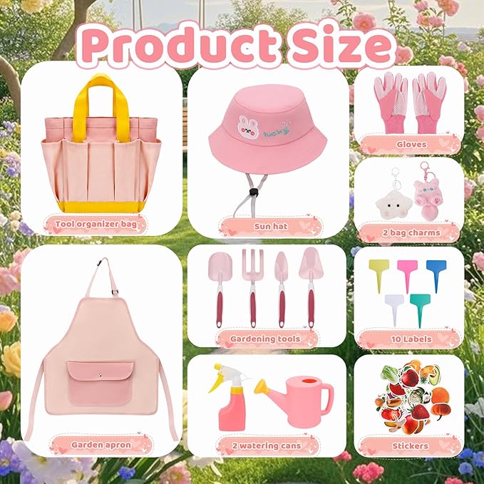 Kids Gardening Tools SetGardening Tools for KidsToddler Gardening Tools with Gloves Watering Can Metal Shovel Rake Spade &amp Storage Bag Garden Book and More Educational STEM Learning for Gir