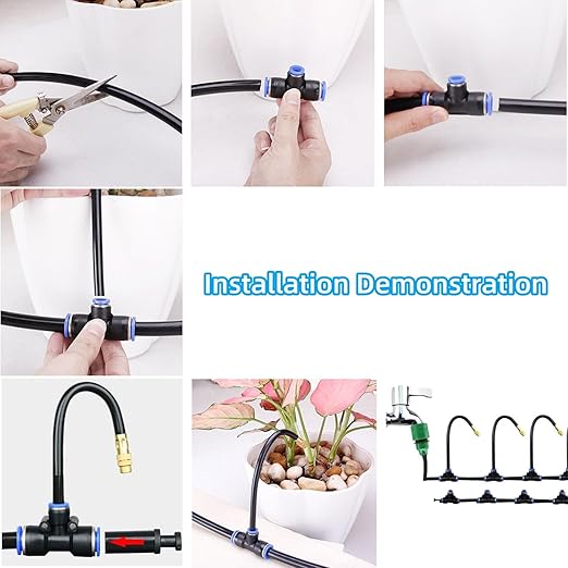 Garden Watering System Greenhouse Mist Drip Irrigation Kit 65Ft Hanging Plant Watering System with 20 Three-Way Atomizing Nozzle and 12mm Irrigation Tubing Hose Gold