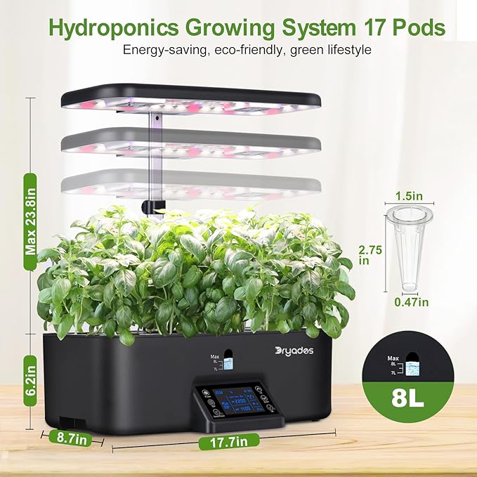 17-Pods Hydroponic Growing System with Dual Fans 24W Full-Spectrum Grow Light &amp Smart Control Panel for Indoor Gardening for Vegetables Herbs