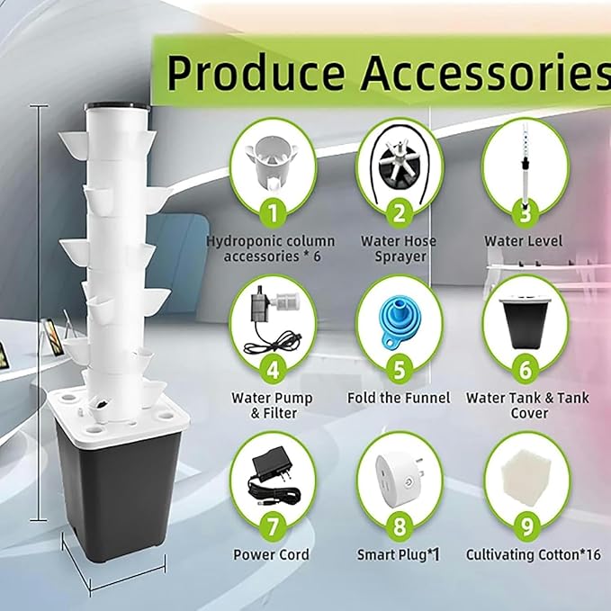 Hydroponic Culture System of Interior Hydroponic Tower 6 -Layer Vertical Culture System and 18 Plant Sites with Pump and Mobile Water Tank Adapter Planting Bed