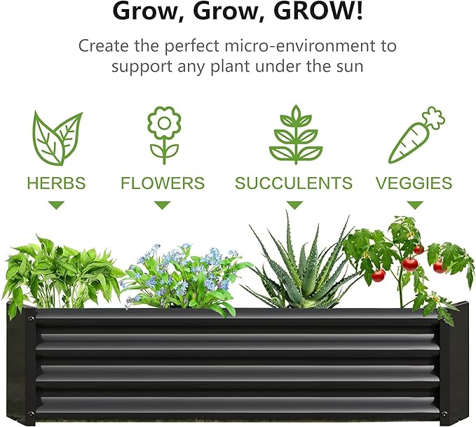 Raised Garden Beds Outdoor for Gardening 4×2×1ft Galvanized Rectangular Plastic Raised Planter Garden Box for Fruit Vegetables Herbs Flowers Growing Bed for Lawn Patio Balcony Black