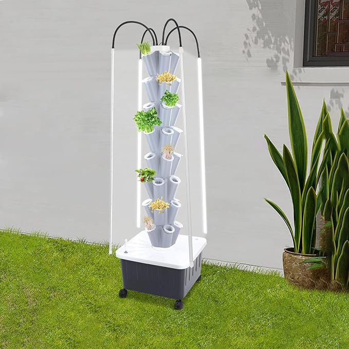 Hydroponic Growing System with Grow Lights 8 Layers Indoor Gardening System Vertical Planter Tower with 40 Pots for Vegetables Herbs (Grey)