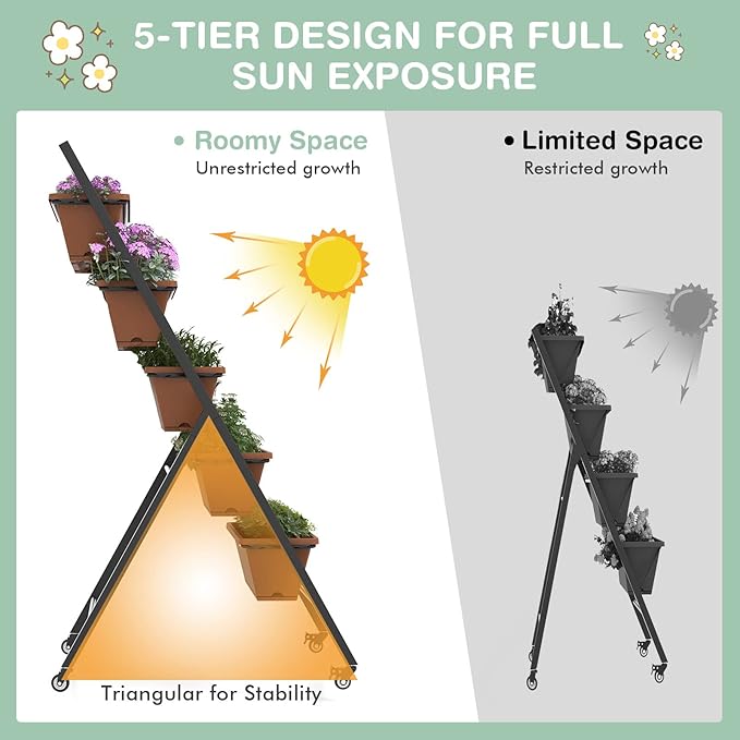 Raised Garden Bed on Wheels 5-Tier Elevated Planter Box with Removable Base Drainage Hole &amp Metal Frame Outdoor Garden Planter Container for Flower Vegetables (1 Brown)