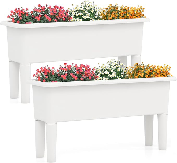 Giantex Raised Garden Beds Outdoor Set of 2 Self-Watering Planter Box with Detachable Legs &amp Drainage Hole Outdoor Raised Container for Vegetable Fruit Herbs 31.5”Lx12”Wx16”H Easy Assembly (Wh