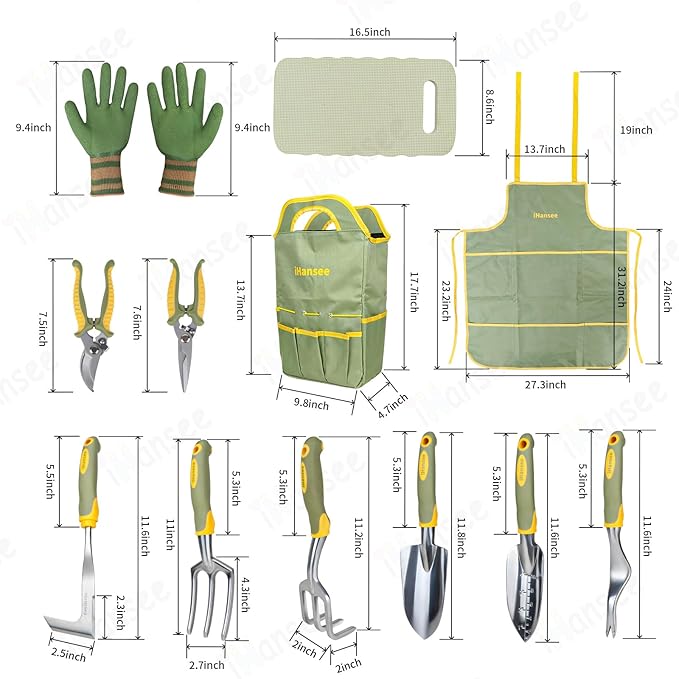 Set of 12 Garden Tool iHansee Heavy-Duty Aluminum Gardening Hand Tools with Rubber Non-Slip Handle Garden Apron Gloves Kneeling Pad and Storage Bag Garden Hand Tools Starter Kit Landscaping Tools