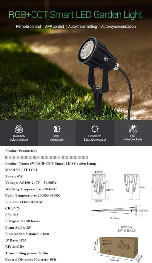 LGIDTECH FUTC04 Miboxer 6W RGB+CCT Outdoor LED Landscape Garden Spotlight AC100-240V 16 Million Colors ChangingColor Temperature AdjustableMemory Function.Smartphone Can't Control Directly