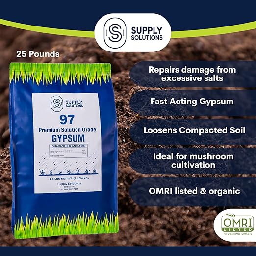 Supply Solutions Premium 97 Solution Grade Gypsum - Fast Acting Gypsum for Soil - Organic Calcium Sulfate Dihydrate - Gypsum Powder for Root Growth Lawns Mushroom Cultivation (25lbs)