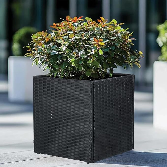 SUNNYPARK Set of 2 Large Square Planter with Removable Liner All-Weather PE Rattan Modern Planters Indoor Outdoor Flower Plant Pots Garden Box Patio Yard Front Porch Deck