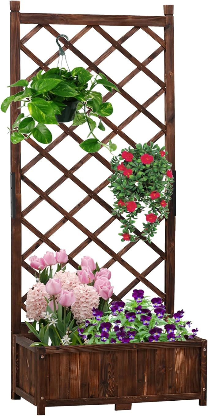 Anraja Raised Garden Bed with Trellis Wooden Planter Box Outdoor Wood Privacy Screen for Climbing Plant Planting Flower Patio Tomato Vegetable Herb Balcony Porch 29.5 L x 17.0 W x 67.0 H