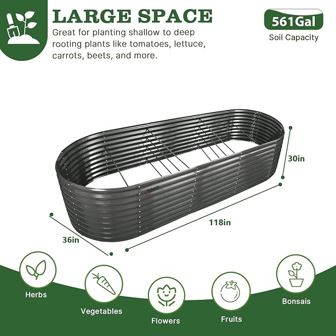 A ANLEOLIFE 30 Extra Tall Galvanized Raised Garden Beds Outdoor 10x3x2.5ft Large Oval Metal Planter Boxes for Planting Vegetables Flowers Fruits Eco-Safe &amp Easy Setup Quartz Grey