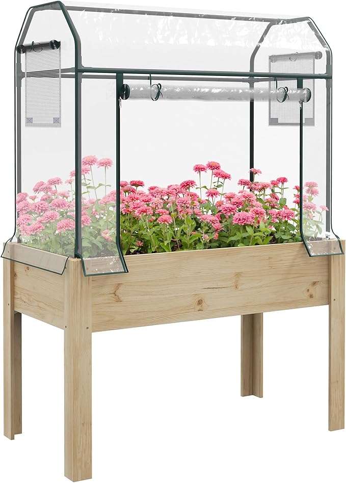 Outsunny Raised Garden Bed with Plastic Greenhouse Cover and Bed Liner Outdoor Elevated Wood Planter Box for Herbs and Vegetables Use for Patio Backyard Balcony 45 x 24 x 65 inch Natural