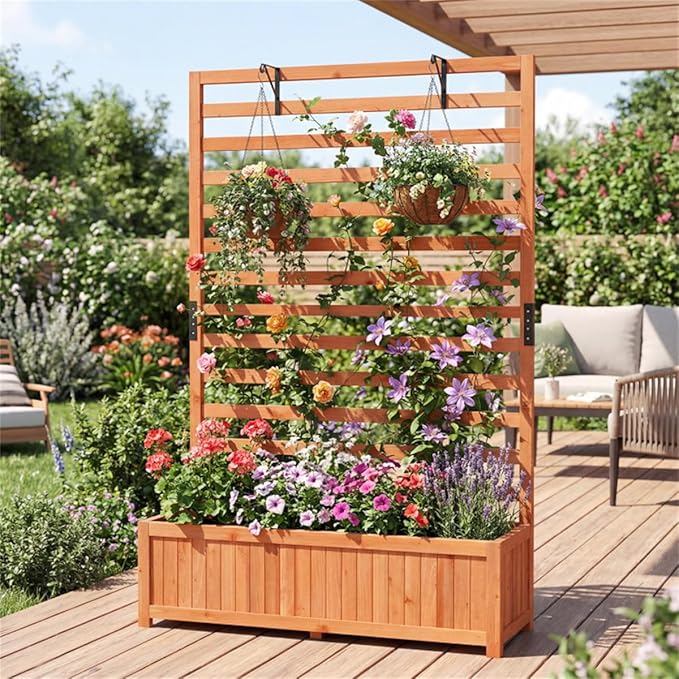 Elevated Garden Bed with Trellis Planter Box for Climbing Plants Complete Gardening Kit Climbing Plant Planter Raised Garden Bed with Climbing Trellis Tall Garden Beds for Vegetables and Flowers