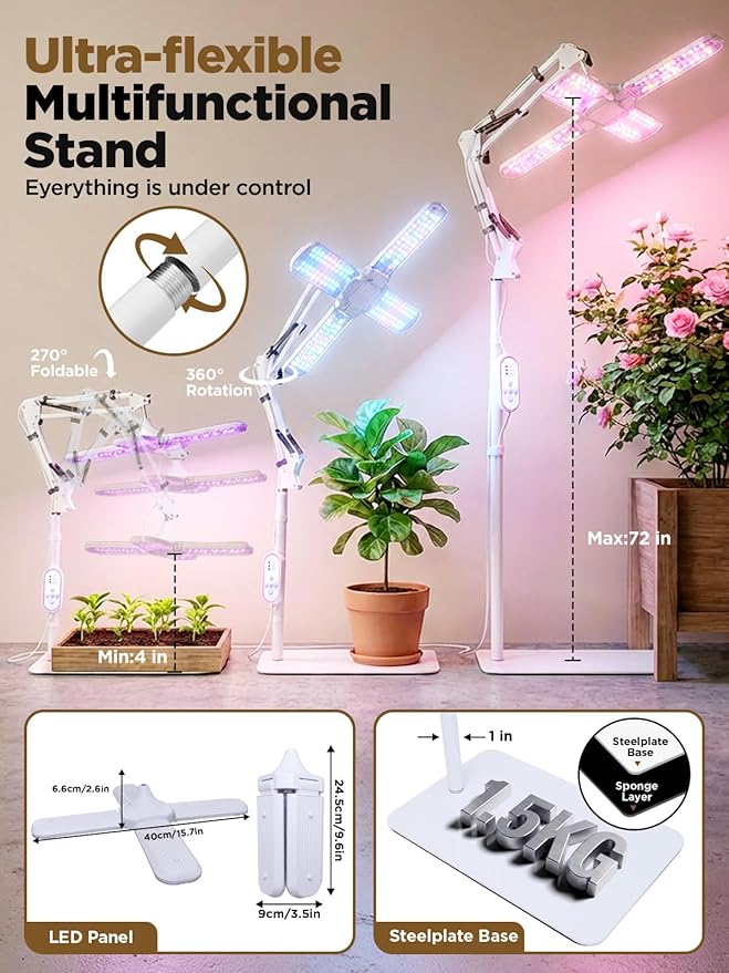 240 LEDs Grow Lights for Indoor Plants with Timer 6/12/16H Full Spectrum Plant Lights for Indoor Growing 10 Dimmable Level 24-72 Height Adjustable Tabletop Grow Light Floor Lamp with Remote Control
