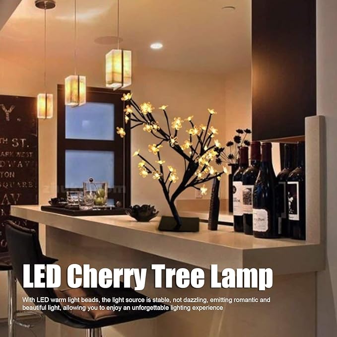 Cherry Blossom LED Bonsai Tree Lamp 24 Warm White Lights USB Powered Artificial Decor for Home Office PVC 32cm